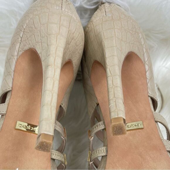 bebe | strappy open toe sandal stiletto 7.0 cream 4” heel back zipper closure - Picture 6 of 10